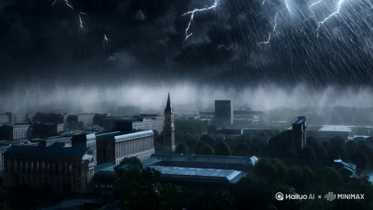 雨夜，校园建筑全景，俯视镜头，下雨，打雷，起雾。 by Hailuo AI Video Generator