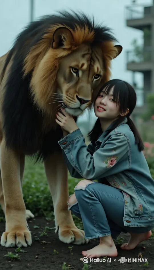 一个安静的女孩和她的宠物雄狮，真人的动作，符合逻辑，人物脸部不变形。画面真实，画面流畅，生动細节，不模糊，高质量，没有瑕疵，整体不变形.[推出,上升,下摇] by Hailuo AI Video Generator
