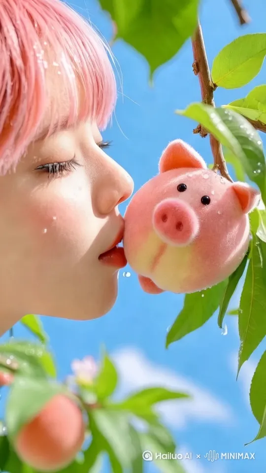 [推进]女孩轻吻小猪，小猪眨眼，抖耳朵 by Hailuo AI Video Generator