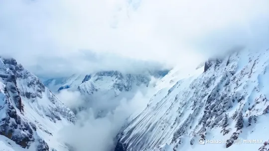[推出,上升,下摇]大光圈，广角拍摄朦胧的群山被厚厚的白雪覆盖，薄雾在山间流淌，[右摇,变焦推进]陡峭的悬崖旁边一颗清晰锐利的雪莲花，花苞缓缓绽放，晶莹剔透，洁白无瑕。延时摄影拍摄，8K高清，朦胧，梦幻，毛玻璃， by Hailuo AI Video Generator