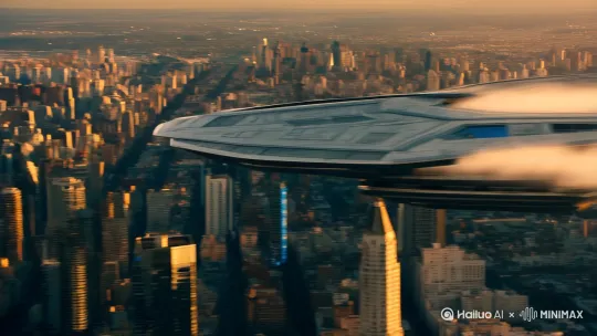 宇宙飞船在城市上空快速飞过。造成强大气流。 by Hailuo AI Video Generator