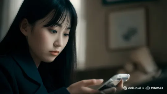 女生低着头看手机，眼神呆滞注视着手机，好久才眨眼一下，手指上下刷着手机屏幕。嘴巴叹气，脸上不太开心，固定镜头拍摄

 by Hailuo AI Video Generator