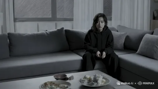 全景镜头。穿着黑色卫衣套装的头发齐肩的林雨坐在客厅的灰色布艺长沙发上，双手紧握，身体微微颤抖。沙发靠着墙。人物表情眼神慌乱，嘴唇发白，额头渗出冷汗。氛围昏暗房间，冷灰色调，窗外风声呼啸。镜头缓慢推近，背景音是低沉的耳鸣声。 by Hailuo AI Video Generator
