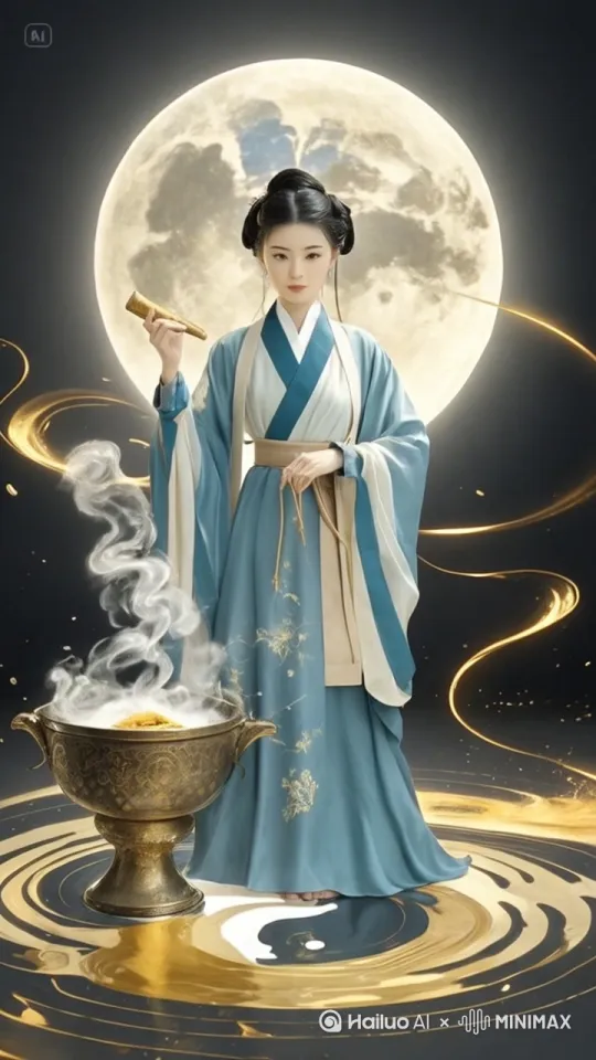 | [主体形象]在青铜胆形器皿前调配茵陈，药液升腾形成金色胆汁漩涡吸走面部阴影，脚下形成阴阳鱼水潭，左半身笼罩月光，右半身映照阳光，衣襟暗纹变成流动的胆经图谱 by Hailuo AI Video Generator