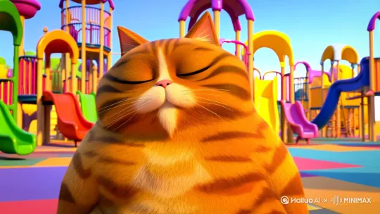 生成一个五秒的胖猫视频，胖猫在辉煌操场说，密码的周一真的太烦人了，谁爱上学谁上 by Hailuo AI Video Generator