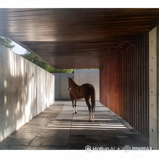 [推进]图中的马站在原地摇着尾巴，轻轻摆动着头，清风吹拂外面的树叶，造成墙上树叶光影的移动. by Hailuo AI Video Generator