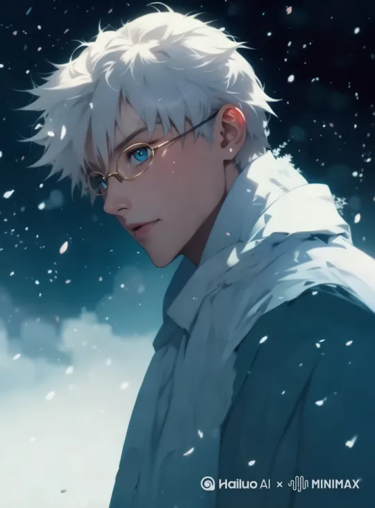 一个白发男子站在雪地里，雪花漫天飞舞，[左移,右摇,跟随] by Hailuo AI Video Generator