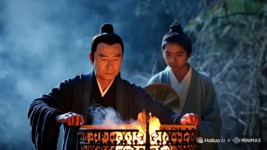 东东汉医学家葛洪正在炼丹炉前控制火候，旁边弟子正在扇火，周围轻烟围绕[下降,上摇] by Hailuo AI Video Generator
