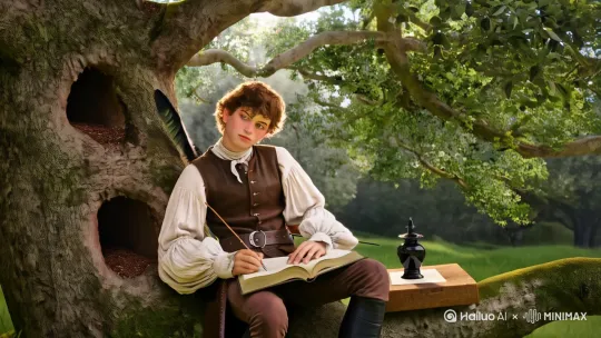A 20-year-old Italian nobleman sitting on a sturdy oak tree branch, curly brown hair, wearing a worn 18th-century outfit: white linen shirt with rolled-up sleeves, brown leather vest, dark brown pants, with a leather belt, small dagger, pouch, and quiver with arrows on his back. He is riding comfortably on the branch, holding an open book in his hands, or leaning against a tree fork like sitting at a desk, with a piece of paper spread on a small wooden board, an ink bottle placed in a tree hollow, and writing with a long quill pen. The tree trunk is covered in moss, surrounded by lush green foliage, with soft sunlight filtering through the leaves, creating a warm and serene atmosphere. Highly detailed, realistic style, painterly texture, soft warm lighting, 4k resolution, cinematic composition --ar 16:9 --v 6 by Hailuo AI Video Generator