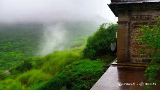 阴天，下着绵绵的细雨，风吹的树叶草木轻轻的摇摆，古建筑在苍翠之间，风铃也随风摇动发出鸣响，唯美，静谧。 by Hailuo AI Video Generator