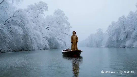 冬天，江上小船，船上站一蓑衣女子，两岸树木堆满了积雪，大雪飘落在平静水面，白色色调，中式意境，宁静氛围 。左移，推进，右摇 by Hailuo AI Video Generator