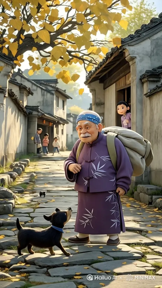 画面中老人身着紫色传统服饰，微微俯身，手持彩色风车的手臂自然弯曲，嘴角带笑，眼神温和注视小孩；石台上的小孩双手转动风车，风车叶片匀速旋转，衣摆随身体轻微晃动；黑棕相间的小狗仰头望向老人，尾巴轻摇，耳朵随身体动作微颤。添加环境动态：樱花花瓣缓缓飘落，草地上的草叶受微风轻拂摆动，阳光在地面投射柔和阴影，整体画面动作流畅自然，人物与动物互动符合行为逻辑，营造温馨鲜活的春日庭院动态氛围。[推出,上升,下摇] by Hailuo AI Video Generator