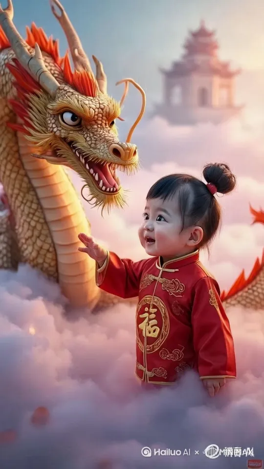 小萌娃对龙说，我想飞上云瑞，龙张了张嘴，小萌娃跳起来坐上龙身飞走了 by Hailuo AI Video Generator