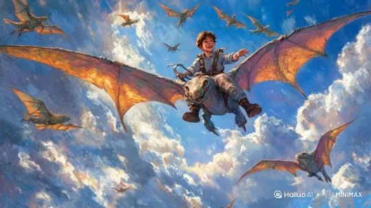 翼龙驮着小男孩在天空中飞翔，周围的翼龙也在飞翔 by Hailuo AI Video Generator