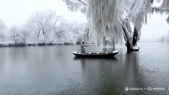 无人机视角，大雪漫天江上小船，船上站一灰衣女子在翩翩起舞，两岸树木堆满了积雪，大雪飘落在平静水面，白色色调，中式意境，宁静氛围 。左移，推进，右摇 by Hailuo AI Video Generator