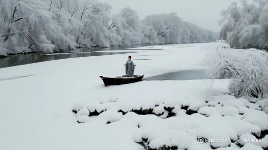 无人机视角，大雪漫天江上小船，船上站一灰衣女子在翩翩起舞，两岸树木堆满了积雪，大雪飘落在平静水面，白色色调，中式意境，宁静氛围 。左移，推进，右摇 by Hailuo AI Video Generator