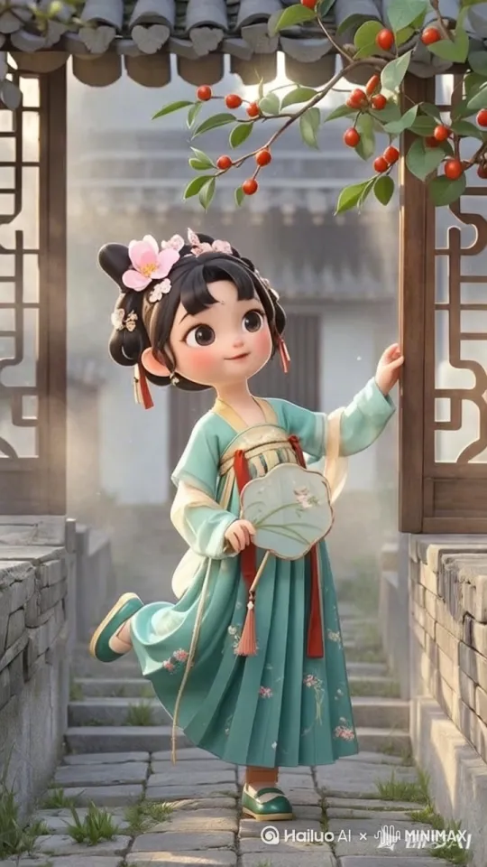 ：
小女孩微微踮起脚尖，身体稍微向前倾，以显示出她努力伸手去摘红豆的动作。
右手高高举起，手指轻轻捏住红豆的枝条，左手自然下垂或轻轻扶着旁边的木门，以保持平衡。
头部微微向上仰，眼睛注视着红豆，表现出专注的神情小女孩穿着传统汉服，衣裙飘逸，袖口宽大。在她踮起脚尖和伸手的动作中，衣裙的下摆和袖口会因为动作产生自然的摆动，增加动态感。
发饰和头饰也要考虑动作的影响，可以在小女孩转头或伸手时让发饰轻轻晃动，增加画面的生动性，小女孩的表情应该是专注且略带兴奋，眼睛睁大，嘴巴微张，表现出她对红豆的好奇和期待。
可以加入一些细微的面部表情变化，比如眉毛微微上扬，嘴角轻轻上扬，表现出她的喜悦和满足 by Hailuo AI Video Generator