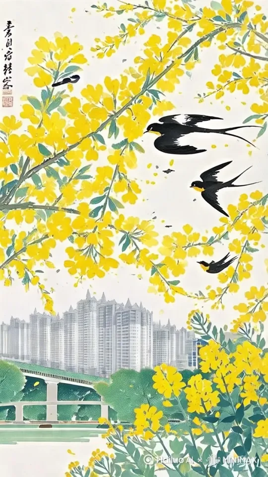 燕子低飞点了一下水面，水波荡开，纹燕子上下晃动翅膀往前飞，黄色小花随风左右摆动，[推进][右摇] by Hailuo AI Video Generator