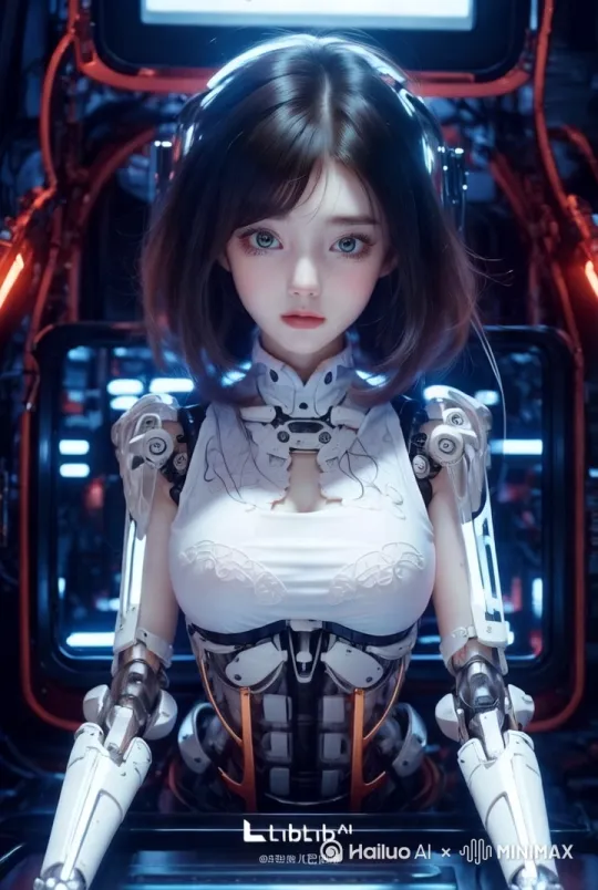 模特从座位上站起来，手指在胸前画了一个圈。 by Hailuo AI Video Generator
