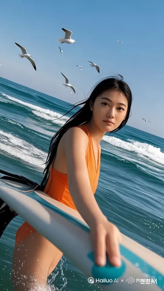 冲向海面，海鸥落水，飞碟出现 by Hailuo AI Video Generator