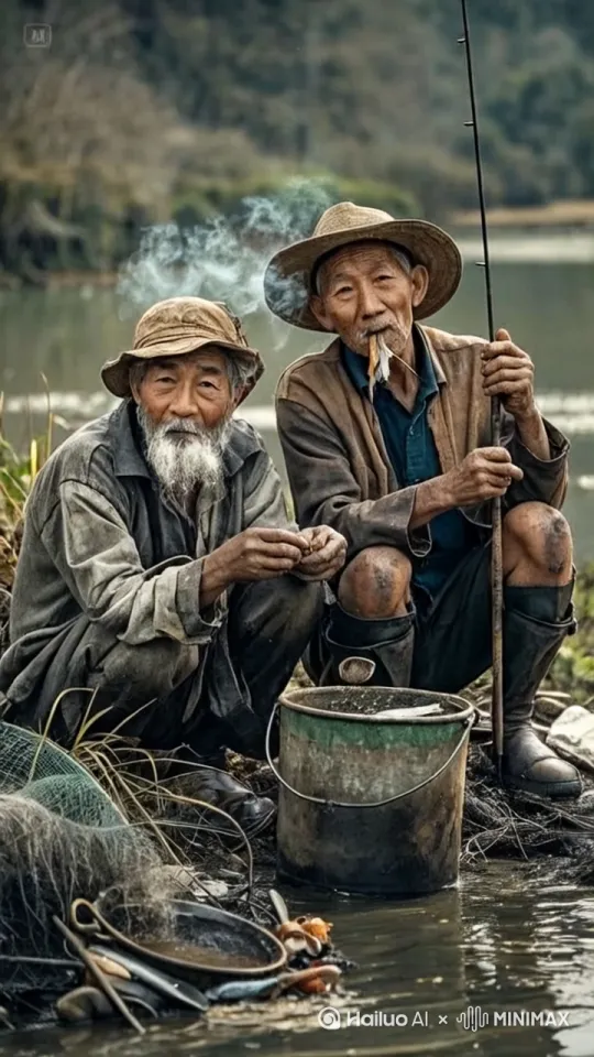 镜头移动，动态跟随，一条鱼忽然从水桶中蹦了出来，变成了一条漂亮的跟真人一样的人身鱼尾的美人鱼，一个大爷窜起跳到在美人鱼背上，双手紧紧抓住美人的长发，美人鱼朝着池塘水里钻进去，岸上大爷也飞快跳到水里，在水面上滑行 by Hailuo AI Video Generator