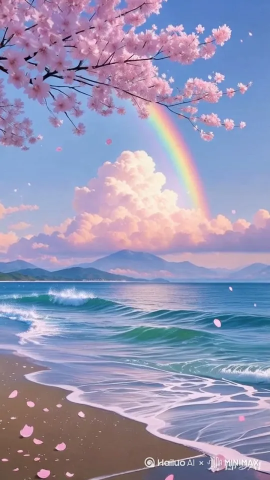 主题描述词:轻柔的海浪拍打岸边,天际悬挂着明亮的彩虹,粉色的云朵层层叠叠,樱花树枝垂落飘散花瓣,远处有若隐若现的山脉轮廓;
美学词:梦幻般的色彩搭配,柔和的自然光线,水彩质感的渐变天空;
专业词:超高清8K画质,细节丰富的风景构图,电影级渲染,广角镜头带景深效果 by Hailuo AI Video Generator