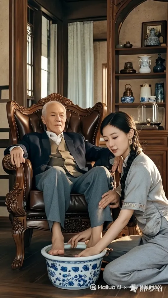 镜头移动，动态跟随，美女帮大爷洗脚，大爷突然站起，脚下打滑，大爷后仰摔倒，脚下脸盆飞起来，水花飞溅，美女和大爷都特别狼狈。
 by Hailuo AI Video Generator