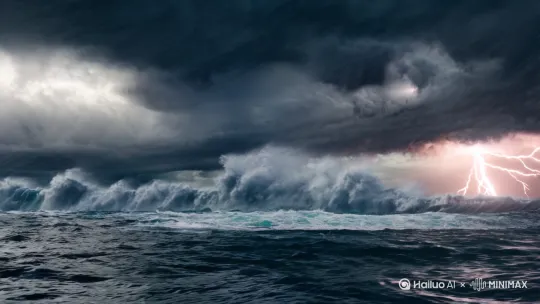 纪实摄影风格，狂风暴雨中的海洋深处，一只巨大海怪猛然跃出波涛汹涌的水面，鳞片在闪电短暂照亮下闪烁着幽光。海怪拥有强壮的身躯，其双眼在风暴中闪烁着野性的光芒。风雨交加，浪花四溅，海怪的动作充满力量与野性，仿佛在向自然界的狂暴挑战。背景是乌云密布的天空和怒吼的大海，雷电交织，营造出紧张而真实的氛围。近景动态捕捉，高速快门定格瞬间。 by Hailuo AI Video Generator
