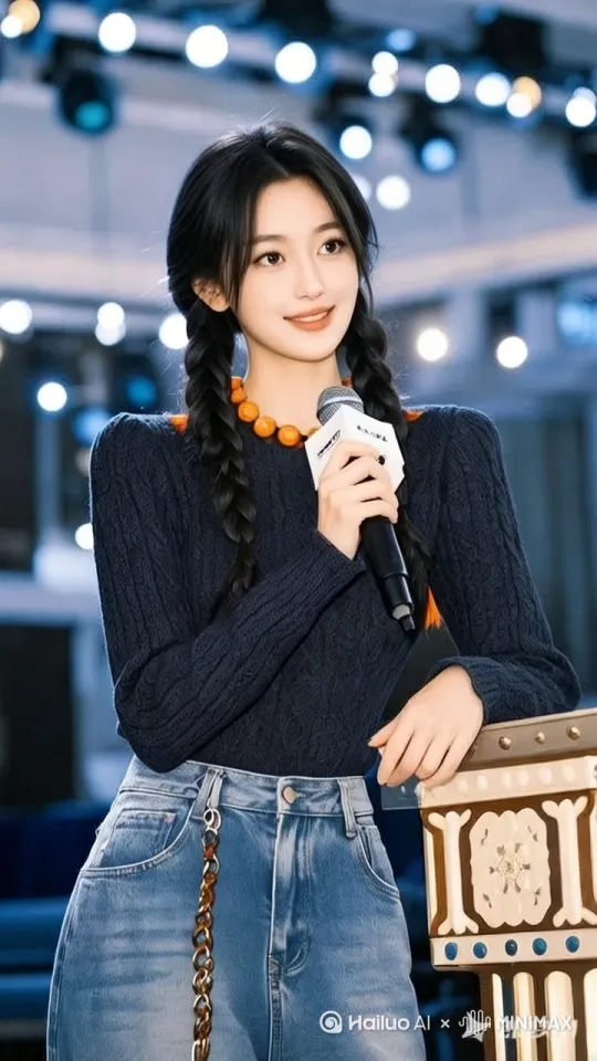 美女在讲台上演讲，边说话边做手势，慢慢的来回走动，始终带着微笑 by Hailuo AI Video Generator