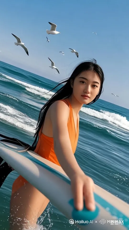 冲向海面，海鸥落水，飞碟出现 by Hailuo AI Video Generator