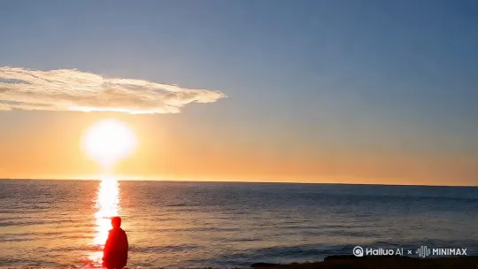 早上太阳照在海面上，蓝天白云，红彤彤的太阳 by Hailuo AI Video Generator