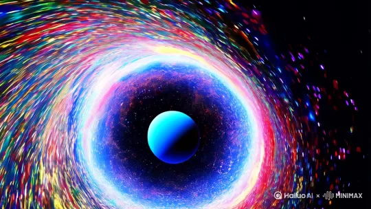 彩色粒旋涡、旋涡中是蓝色的星球、星际穿越、高级、神秘、黑色夜空、视觉倾斜、5D立体、帮我生成图片提示词 by Hailuo AI Video Generator