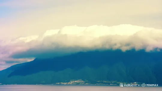 大理洱海公路漫游，日系清新调色：敞车窗拍摄苍山云层流动，切至无人机冲高镜头：2018款灰色路虎发现神行车辆沿S型环海路行驶，后方跟拍渐显白族村落，焦距24mm by Hailuo AI Video Generator
