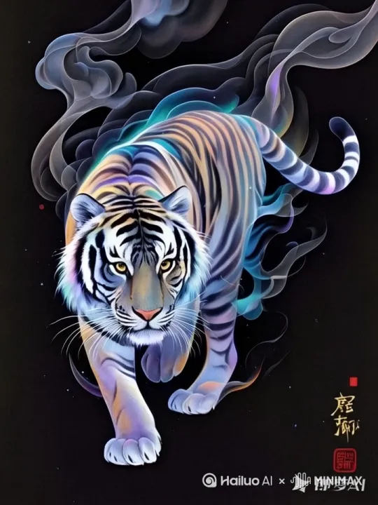老虎带着弥漫的霓虹烟雾向前走，左移慢镜，老虎向前走，镜头同步后移，左移，霓虹烟雾缭绕升腾，高清 by Hailuo AI Video Generator