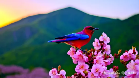 飞舞在桃花枝上红嘴蓝鹊，远山青，一轮红日，模糊背景。OC渲染。[右移,左摇,跟随] by Hailuo AI Video Generator