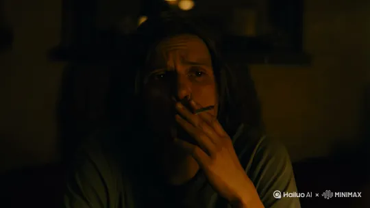 一个人坐着抽着烟，表情唉声叹气，似乎想着那些很不高兴的事情。运镜从远满满的拉近直到看到脸上的表情 by Hailuo AI Video Generator