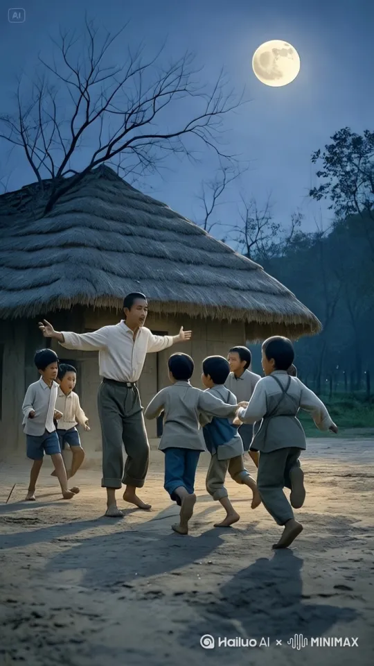 60年代乡村夜景,明亮满月照亮茅草屋和树枝轮廓,低饱和冷色调营造静谧氛围,一个大人和五个穿粗布衣的小孩在屋前空地玩"老鹰捉小鸡"游戏,动态模糊捕捉奔跑动作,8K画质呈现草屋顶部茅草细节,柔光处理月光在泥地上的投影,轻微胶片颗粒增强年代感,画面真实。 by Hailuo AI Video Generator