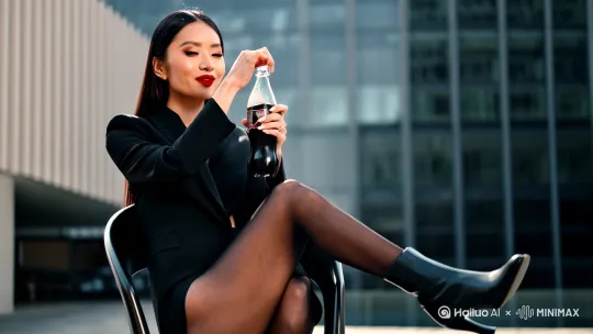 电影质感的都市时尚大片，亚洲高颜值美少女端坐于现代感十足的椅子上，她身着精致套裙，双腿优雅紧裹黑色丝袜，脚踏帅气黑中筒靴，正轻启瓶盖，畅饮瓶装冰可乐，享受清凉瞬间。少女面容姣好，眼神灵动，嘴角微扬，流露出一丝惬意。镜头从右至左平稳摇移，[右摇,右移]细腻捕捉每一个动人细节，营造出流畅的视觉效果。中近景，电影级色彩调校，强化光影对比，凸显人物立体感与环境氛围。 by Hailuo AI Video Generator