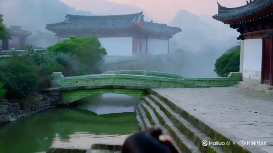 清晨薄雾中的江南庭院，青瓦白墙与小桥流水环绕，穿淡青色汉服的女子，脸部要白嫩漂亮好贵大方，在红木茶桌前煮茶，白嫩手指轻握青瓷壶柄缓缓倾倒茶，坐下用嘴慢慢品茶，茶烟袅袅升起与柳枝同步飘动，镜头从石阶推进展现茶桌全景，切换特写柔荑拨弄茶叶的细节，慢镜头捕捉茶汤落入白瓷杯的涟漪，结尾仰拍女子执杯品茗时垂落的发丝与远山黛影，30秒短镜运用推拉摇移运镜，8K超清画质保留纱衣纹理与水面反光，背景古筝琴音渐弱收尾 by Hailuo AI Video Generator