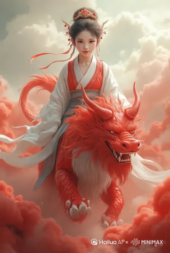 人骑着神兽从镜头前奔跑而过[左移,右摇,跟随]，动作协调，衣服与毛发符合物理运动学，要确保主体颜色的一致性，跟拍，高清，8k，电影质感。 by Hailuo AI Video Generator