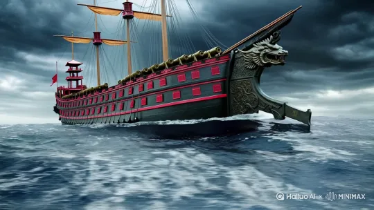 `Ming dynasty warship, three decks with black lacquered hull, red gunports, 12-cell rocket launchers on sides, bronze breech-loading cannons with wooden shields, dragon-head prow with iron ram, commander's flag tower on stern, stormy sea background --ar 16:9` by Hailuo AI Video Generator