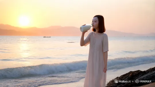 喝牛奶后在海边游泳 by Hailuo AI Video Generator