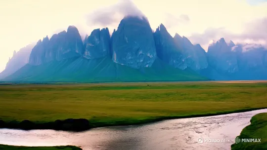 梦幻般的风景，[左移,右摇,跟随]高山。草原[右移]。河流[左移,右摇,跟随] by Hailuo AI Video Generator