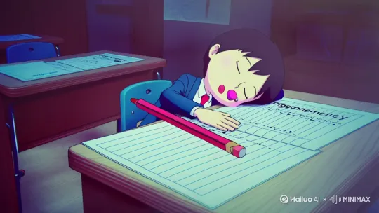 【开场】[灰暗教室/16:9画幅/褪色滤镜]
- 中景：校服少年趴睡课桌，口水浸湿「三角函数」作业本
- 特写：铅笔滚落慢镜头，撞击地面时触发彩色粒子特效

【梦境穿越】[21:9宽画幅/万花筒转场]
- 旋转镜头：粉笔灰重组为「ドラえもん」日文字符
- 动态背景：数学公式流动成赛博朋克街道

【角色快闪】[每镜头0.8秒/三连切]
1. 哆啦A梦倒骑悬浮摩托，铜锣烧雨落（2D动画层叠加）
2. 悟空瞬移踢碎玻璃幕墙，龟派气功光效
3. 路飞橡胶手缠住闪电云，草帽飞向镜头

【追逐段落】[手持镜头晃动/速度线特效]
- 主观视角：霓虹广告牌闪现「大象舞」剪影（蜡笔小新彩蛋）
- 慢动作：试图抓住老夫子自行车飘落的钞票（钞票变回数学试卷）

【情感转折】[柔光滤镜/樱花粒子]
- 逆光剪影：水手服少女伸手，发梢带星河光尘
- 牵手特写：地面裂开银河，吞噬所有动漫角色

【梦醒暴击】[跳切回16:9/噪点特效]
- 粉笔抛物线轨迹：精准命中额头红印
- 定格画面：窗外云朵幻化成机器猫形状

【技术参数】
- 色彩：现实场景#8B8B8B / 梦境#FF69B4+#7FFF00撞色
- 变速：现实1x / 梦境1.5x / 牵手段落0.75x
- 特效：手绘动画层+故障艺术+RGB分离效果 by Hailuo AI Video Generator
