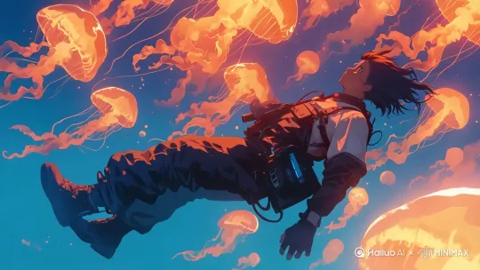 水母游动，人物下坠，衣服头发随风飘动 by Hailuo AI Video Generator