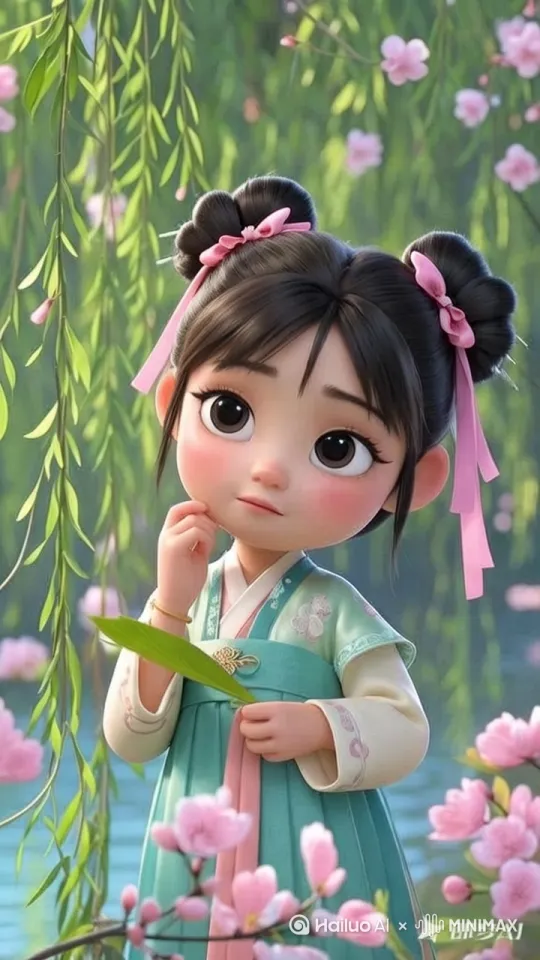 中国风传统水墨画风格视频帧，一位身着翠绿汉服的古典女子立于垂柳之下，若有所思。她头簪粉樱，衣袂飘逸，与四周绽放的樱花和轻拂的柳丝相映成趣。画面背景是一汪碧波荡漾的湖面，平静如镜，倒映着淡淡的云影。微风轻拂，柳叶轻摆，女子手中轻捻一缕柔柳，低眉凝眸，仿佛在倾听大自然的细语。近景，侧脸特写，镜头缓缓拉近，捕捉每一个细腻表情。 by Hailuo AI Video Generator