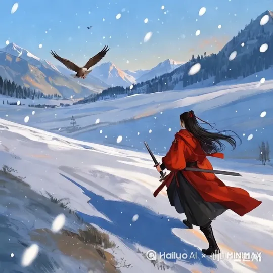 [右移,左摇,跟随]人物跑步，老鹰飞翔，雪花飘飘 by Hailuo AI Video Generator