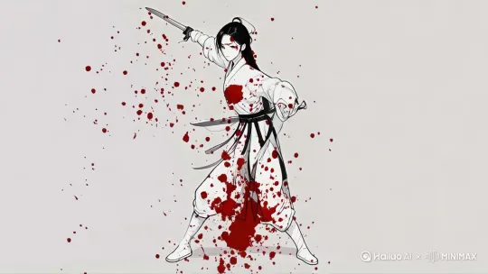 人物右手挥剑向前，红色的血迹向前方分散飞出。 by Hailuo AI Video Generator