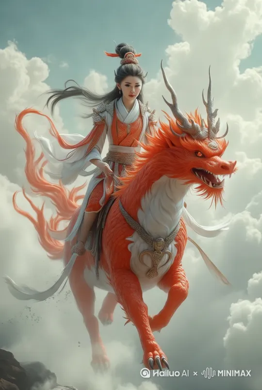 人骑着神兽从镜头前奔跑而过[左移,右摇,跟随]，动作协调，衣服与毛发符合物理运动学，要确保主体颜色的一致性，跟拍，高清，8k，电影质感。 by Hailuo AI Video Generator