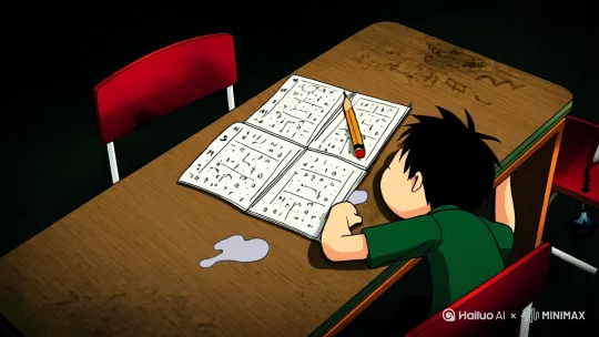 [开场 0:00-0:15]
[灰暗教室镜头]校服少年趴睡课桌特写+口水浸湿三角函数作业本+铅笔滚落慢镜头 --ar 16:9 --style "gritty, desaturated" --zoom 1.2
[地面撞击]铅笔触发彩色粒子爆炸+万花筒扭曲转场 --transition "swirl_rainbow" --duration 3

[梦境穿越 0:15-0:25]
[动态背景]旋转数学公式组成的赛博朋克街道+粉笔灰聚合成「ドラえもん」日文字符 --ar 21:9 --style "cyberpunk anime" --filter "prism"

[角色快闪 0:25-0:45]
1. 哆啦A梦倒骑悬浮摩托+铜锣烧雨落（2D动画层） --duration 0.8 --overlay "animation_layer"
2. 悟空瞬移踢碎玻璃幕墙+龟派气功光束 --duration 0.8 --effect "energy_beam"
3. 路飞橡胶手缠闪电云+草帽飞向镜头 --duration 0.8 --tracking "follow_object"

[追逐段落 0:45-1:05]
[主观视角]霓虹广告牌闪现大象舞剪影+速度线特效 --motion "handheld" --speed 1.5
[慢动作]追逐老夫子自行车飘落的钞票（变数学试卷） --speed 0.5 --particles "paper_flakes"

[情感转折 1:05-1:30]
[逆光剪影]银河发梢少女伸手特写+樱花粒子 --style "soft_focus" --color "#FFB6C1"
[牵手时刻]地面银河裂缝吞噬动漫角色+镜头旋转下坠 --transition "black_hole" --duration 5

[梦醒暴击 1:30-1:50]
[现实跳切]粉笔抛物线击中额头红印+噪点特效 --ar 16:9 --effect "vhs_glitch"
[定格画面]窗外机器猫云朵+嘴角残留笑意 --freeze_frame 3 --style "nostalgic"

[技术参数包]
color_profile:{
  "现实":"#8B8B8B+film_grain",
  "梦境":"#FF69B4+#7FFF00+chromatic_aberration"
}
time_remapping:[
  "梦境段落×1.5", 
  "牵手×0.75",
  "坠落×0.5"
]
audio_sync:{
  "铅笔落地":glass_break_slowmo,
  "角色出场":8bit_melody,
  "牵手时刻":piano_arpeggio
} by Hailuo AI Video Generator